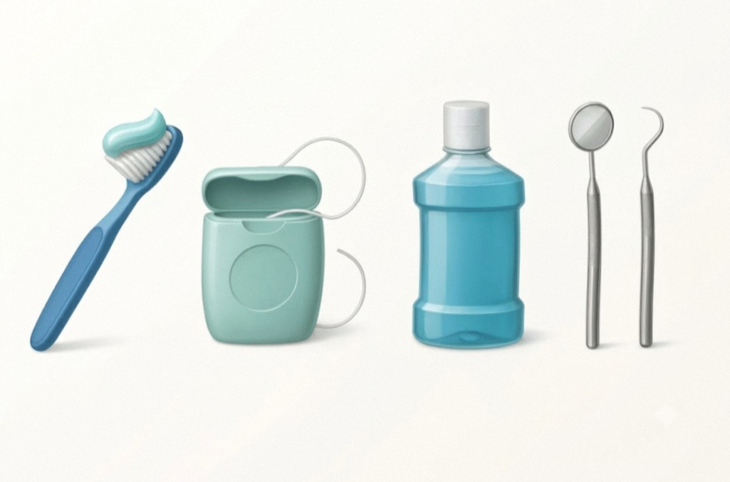 칫솔, 치실, 구강청결제, 치과 검진 도구 등 구강 위생 관리 용품 및 치과 도구 일러스트